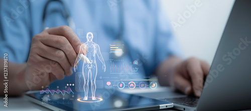 Digital anatomy displayed on a tablet with a doctor's interaction, representing modern medical diagnostics, healthcare analysis, and futuristic technology for enhanced health insights