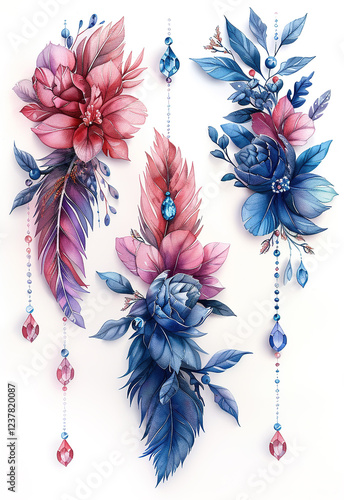Delicate boho dream catcher adorned with colorful flowers and feathers for a serene ambiance