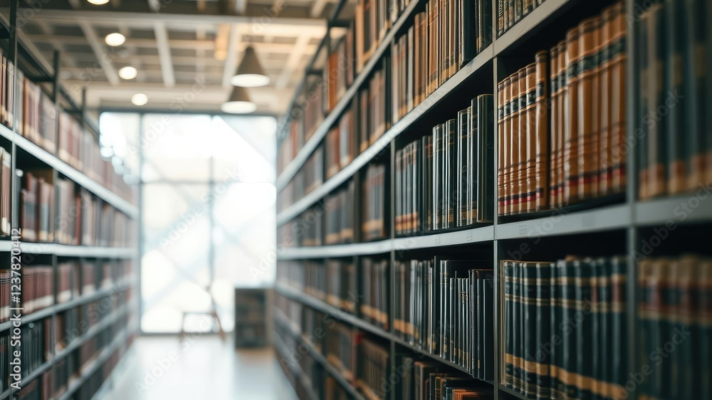 Shelves with leather-bound books and soft focus lighting create a quiet study area in a modern library, study area, warm tones, bookshelves Shelves with leather-bound books and soft focus lighting create a quiet study area in a modern library, study area, warm tones, bookshelves