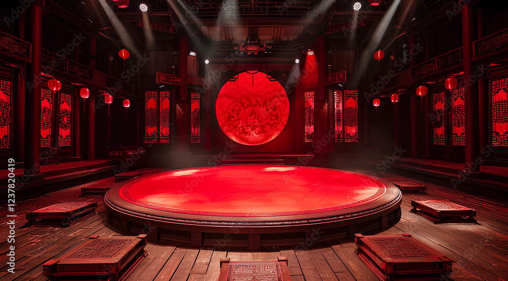 Obraz premium red circular stage in the center of the ancient Chinese architecture is surrounded by many square wooden tables with luxurious patterns and lights, creating an immersive atmosphere for audience