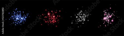 Glowing magic sparkles. Glittering dots, particles and stars. Glow flare light effect. Luminous points different colors. Vector particles on black background.
