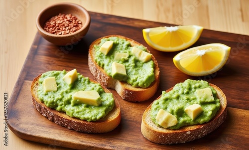 Artisan toast topped with avocado spread photo