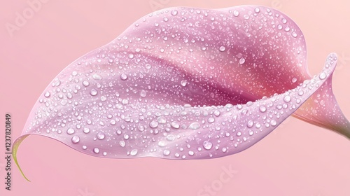 Dew-kissed pink calla lily petal close-up, soft background, spa ad