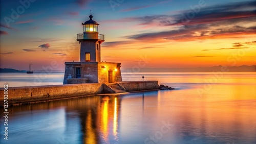 Wallpaper Mural Serene Seascape A Coastal Lighthouse at Sunset, Bathed in Golden Hues and Peaceful Waters Torontodigital.ca