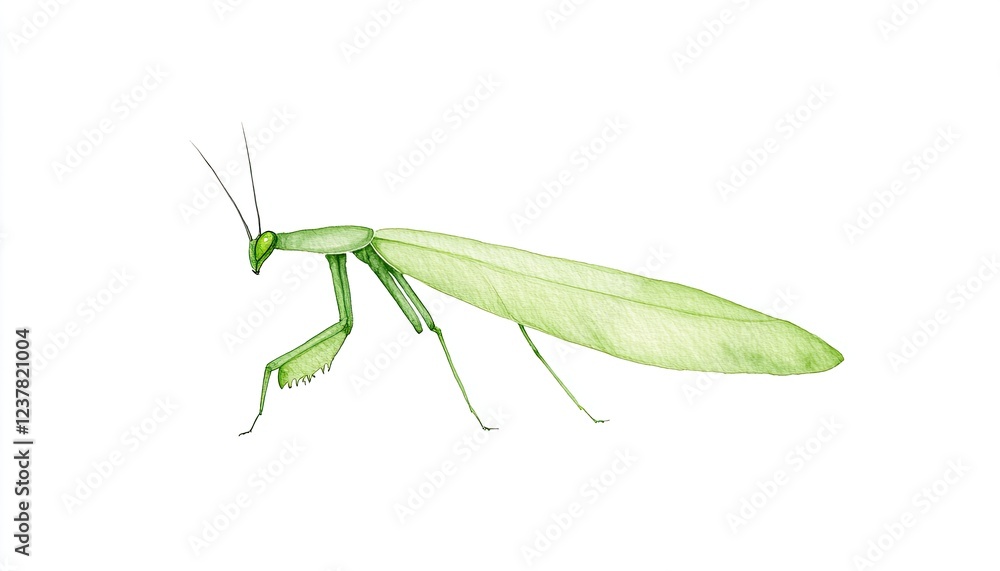 Detailed illustration of a green praying mantis in a minimalist style against a white background Detailed illustration of a green praying mantis in a minimalist style against a white background