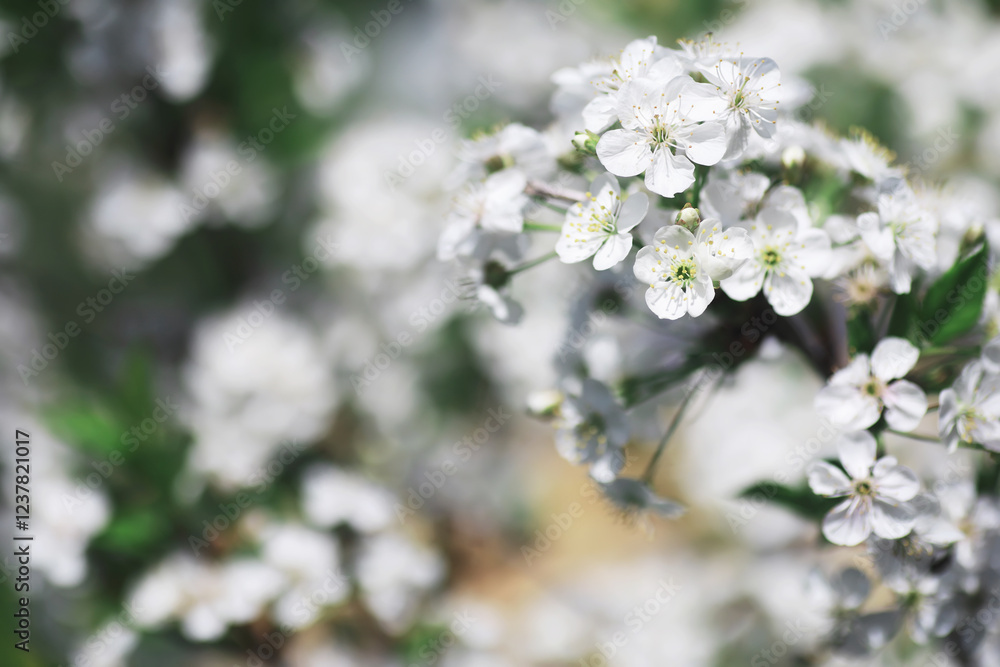 White flowers on a green bush. The white rose is blooming. Spring cherry apple blossom. White flowers on a green bush. The white rose is blooming. Spring cherry apple blossom.