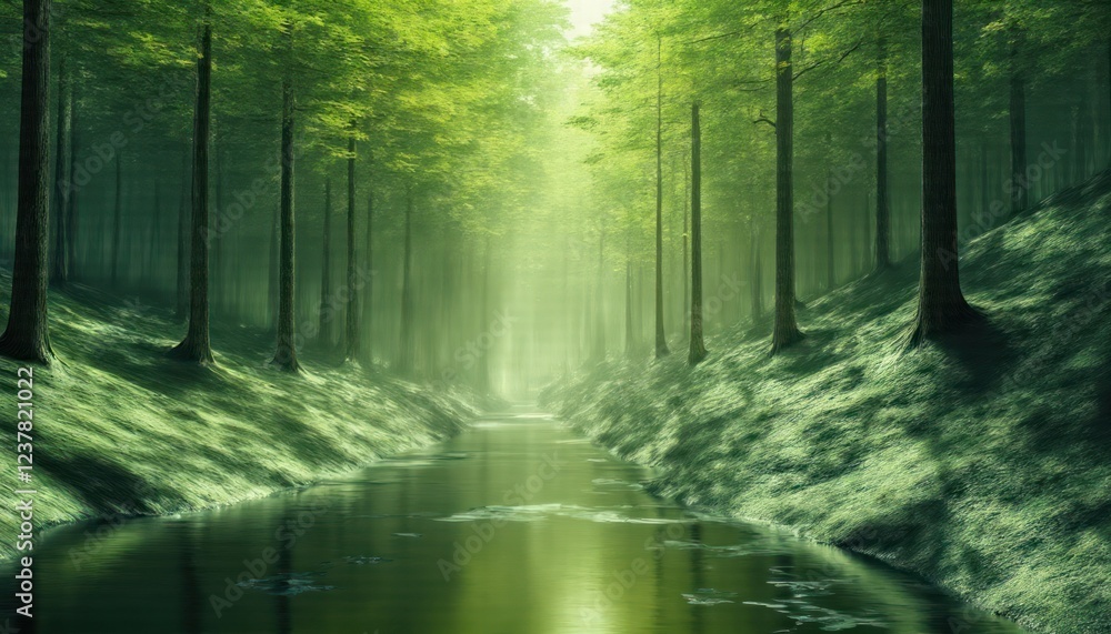 Obraz premium Enchanted Forest Stream: A Mystical River Flowing Through a Dreamlike Green Canopy