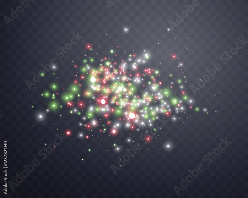 Silver, green and red magic sparks and dust stars. Glittering dots, particles, sparkles. Glow flare light effect. Silver and green luminous points. Vector particles on transparent background.