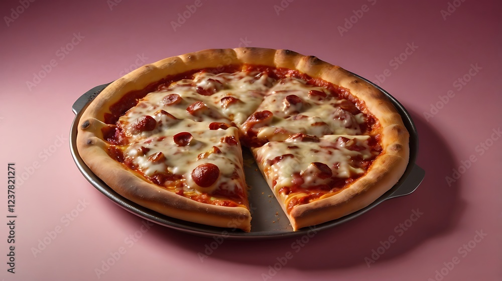A shiny Stuffed Crust Pizza food set against a pink background. A shiny Stuffed Crust Pizza food set against a pink background.