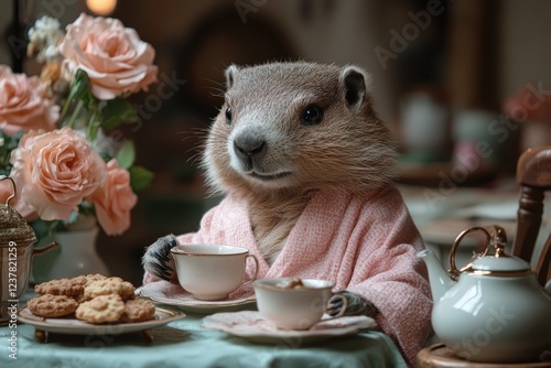 Elegant lady groundhog enjoying a cup of tea in a cozy setting. Dressed in a soft pink robe, he sits at a table surrounded by vintage furniture, flowers and cups of tea, radiating charm. photo