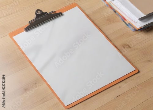 Simple clipboard with a sheet of paper laid flat, office organizer, paperwork, desk organizer photo