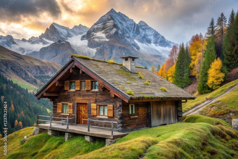 Rustic Wooden Cabin Nestled in a Picturesque Autumn Mountain Valley at Sunrise Rustic Wooden Cabin Nestled in a Picturesque Autumn Mountain Valley at Sunrise
