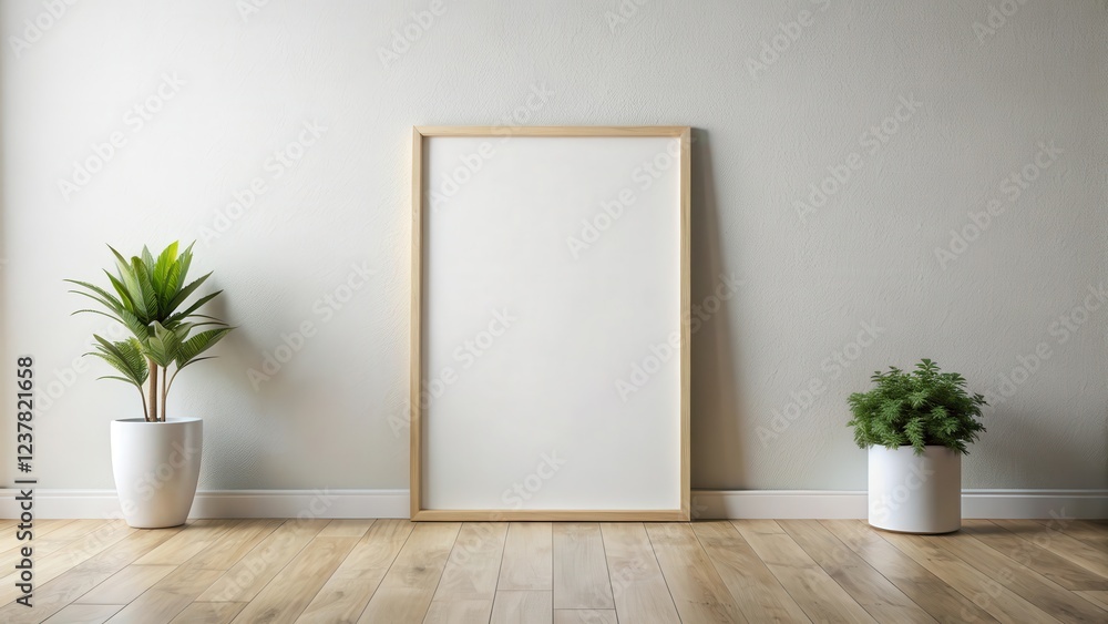 Modern Minimalist Interior Design Mockup Featuring a Large Empty Frame and Potted Plants Modern Minimalist Interior Design Mockup Featuring a Large Empty Frame and Potted Plants