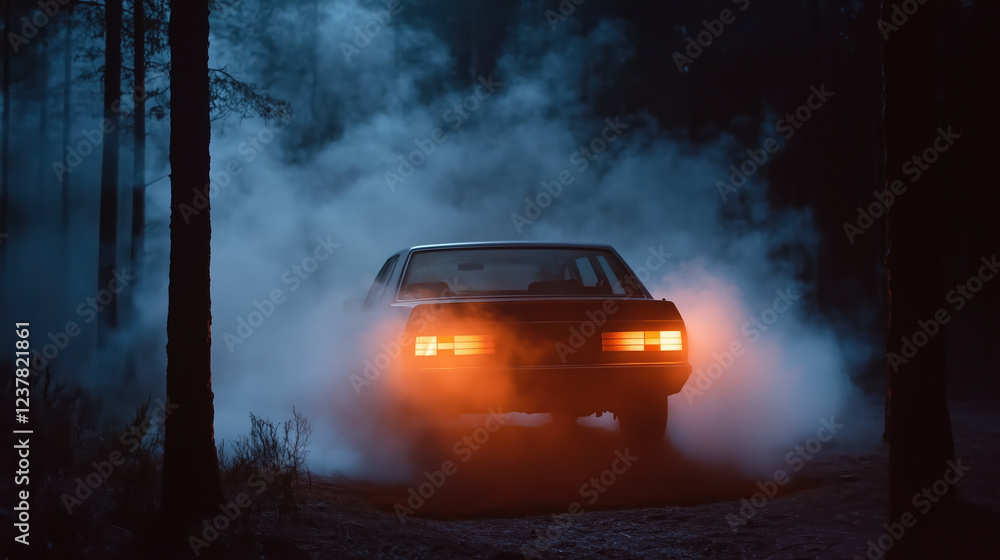 Car with rear lights in forest fog at night. Mystery and thriller background Car with rear lights in forest fog at night. Mystery and thriller background