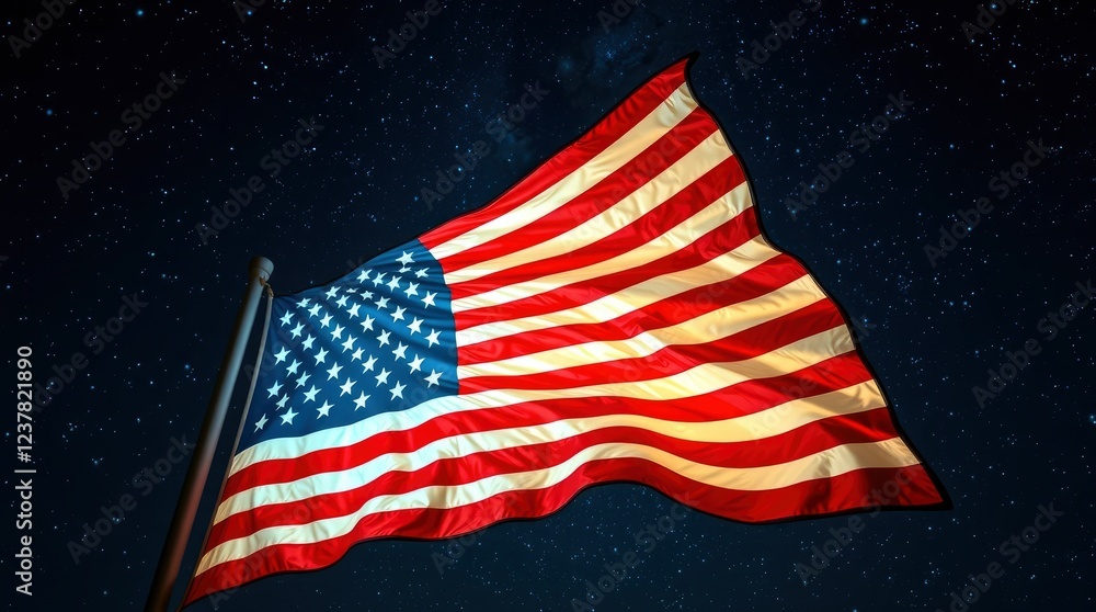 Obraz premium American flag, waving, patriotic, vibrant colors, red white and blue, stars and stripes, dynamic movement,