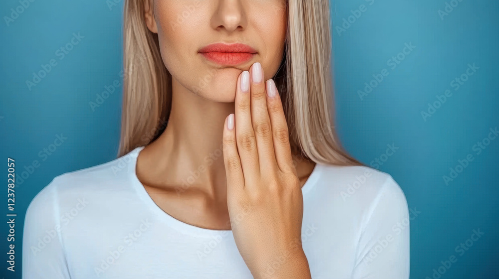 woman with long hair gently touches her lips, expressing contemplation against blue background. Her soft features and neutral attire create serene atmosphere woman with long hair gently touches her lips, expressing contemplation against blue background. Her soft features and neutral attire create serene atmosphere