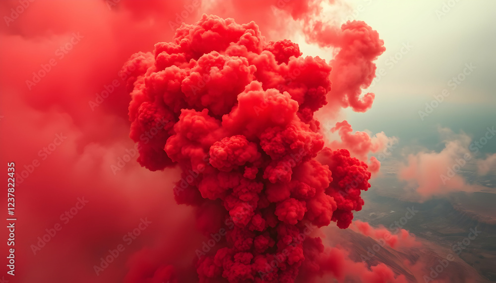 Fototapeta premium post-apocalyptic atmosphere, massive mushroom cloud explosion, blood-red sky, ominous clouds, nuclear detonation, cinematic lighting, high contrast, dramatic scene, intense red hues, atmospheric persp