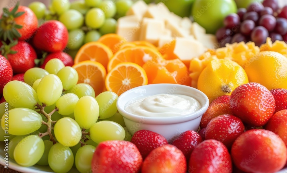 Colorful fruit platter with yogurt dip Colorful fruit platter with yogurt dip