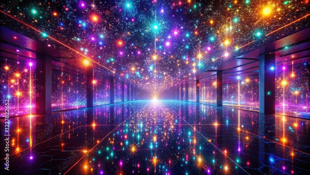 Naklejka premium A Celestial Corridor An Immersive Journey Through a Galaxy of Sparkling Lights and Reflecting Surfaces
