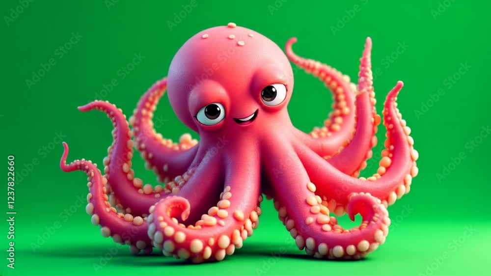Happy cartoon octopus, green background, 3D render, children's book Happy cartoon octopus, green background, 3D render, children's book