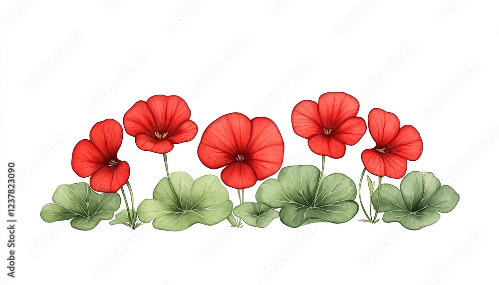 Vibrant red flowers with green leaves arranged in a decorative pattern on a white background Vibrant red flowers with green leaves arranged in a decorative pattern on a white background
