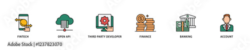Open banking icon set flow process which consists of the fintech, coding, open API, finance, banking, third party developer, and account icon live stroke and easy to edit .