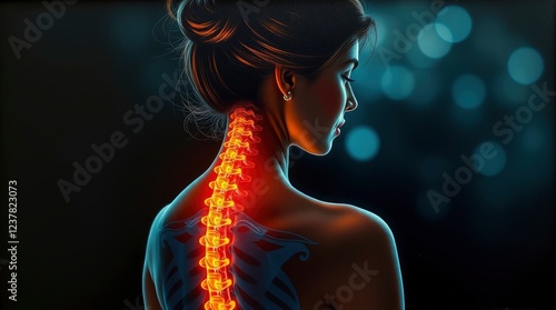 medical illustration, glowing spine, human silhouette, back view, orange and blue color scheme, dark background