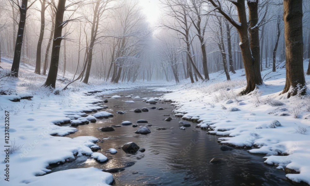Snow-covered forest with bare trees and a frozen stream, frozen stream, serene landscape Snow-covered forest with bare trees and a frozen stream, frozen stream, serene landscape