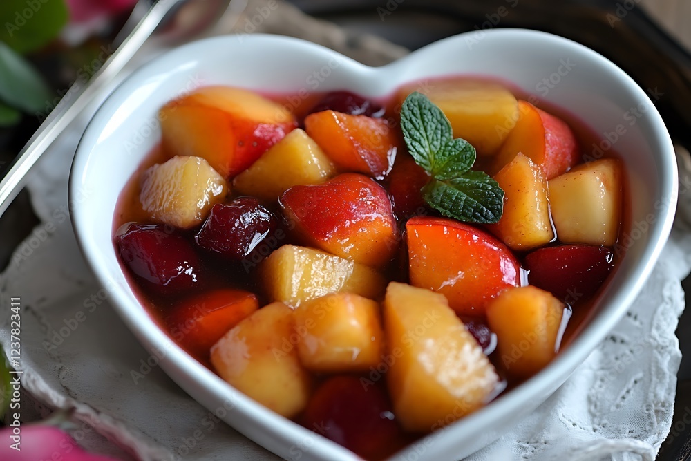 A heart-shaped bowl of fruit compote, highlighting natural sweetness for a healthy dessert on Health Day. A heart-shaped bowl of fruit compote, highlighting natural sweetness for a healthy dessert on Health Day.