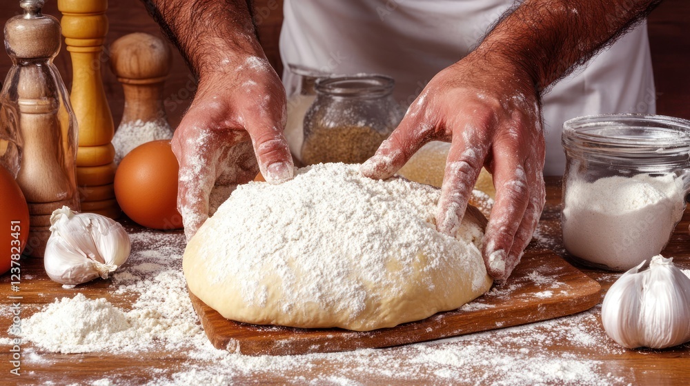 Fototapeta premium A person kneading dough on a wooden surface, surrounded by ingredients for baking.