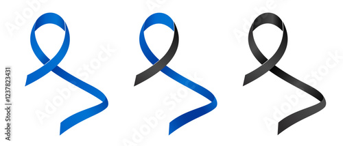 Set of tree blue and black ribbon awareness Arthritis, Hydrocephaly,  Education, Colon Cancer, Ocular Melanoma, Memorials, Skin Cancer. Isolated on white background. Vector illustration.