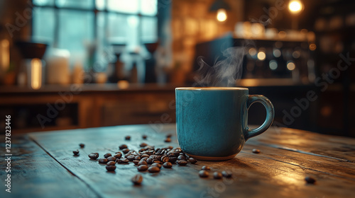 Steaming Latte with Latte Art on a Rustic Wooden Table