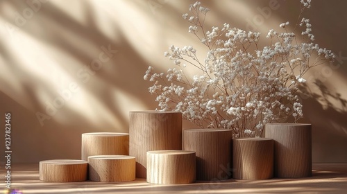 Soft dried flowers on wooden blocks. Generative AI photo