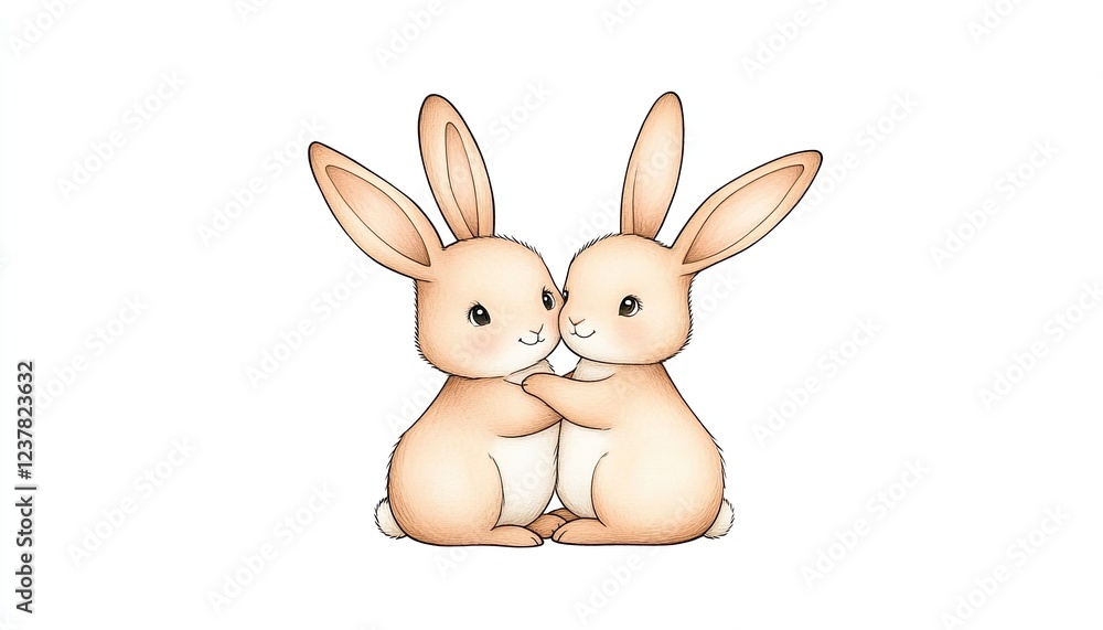 Obraz premium Two adorable cartoon rabbits embracing each other in a minimalist white background