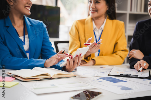 Female business leaders come together in conference room for their annual meeting, actively participating, asking questions, enriching  seminar, Asian people, only women, Proposals and comments.