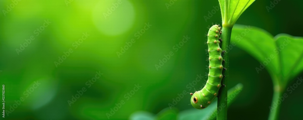 Caterpillar climbing up the stem of a green plant, wildlife, leaves Caterpillar climbing up the stem of a green plant, wildlife, leaves