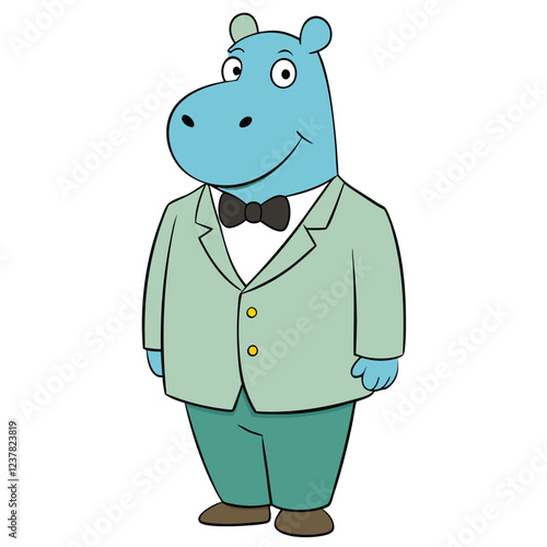 A hippopotamus in a muted sea-green tuxedo with a relaxed fit