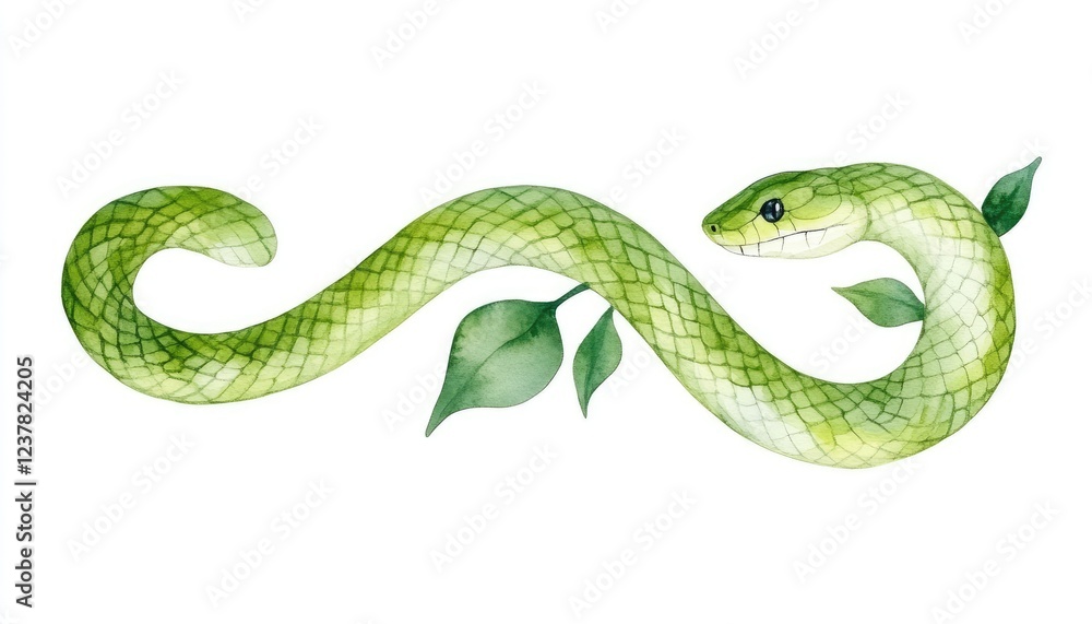 Obraz premium A vibrant green snake gracefully coiled among lush green leaves, symbolizing nature's beauty