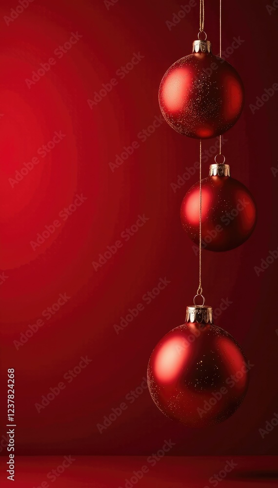 Red Christmas ornaments suspended in mid-air on a dark red background, red christmas ornaments, christmas decor Red Christmas ornaments suspended in mid-air on a dark red background, red christmas ornaments, christmas decor