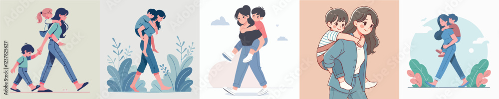 Obraz premium vector of a woman carrying her little sister on her back
