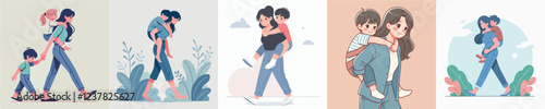 vector of a woman carrying her little sister on her back