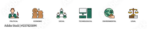 Pestel icon set flow process which consists of governance, finance, network, automation, ecology, law statement icon live stroke and easy to edit .