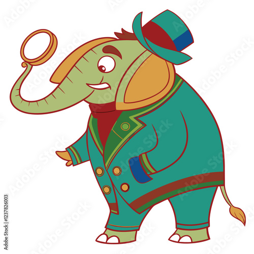 A mighty elephant in a deep blue double-breasted suit with a monocle