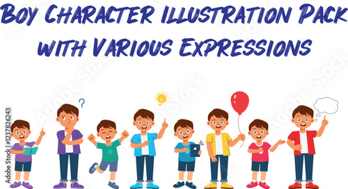 A boy character illustration pack with a variety of expressions to convey different emotions.