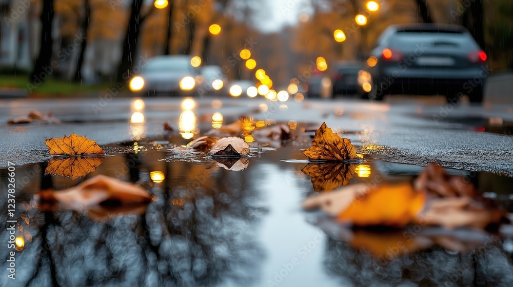 Golden autumn leaves scattered on a wet urban street with reflections of streetlights, cars, and trees during a rainy evening Golden autumn leaves scattered on a wet urban street with reflections of streetlights, cars, and trees during a rainy evening