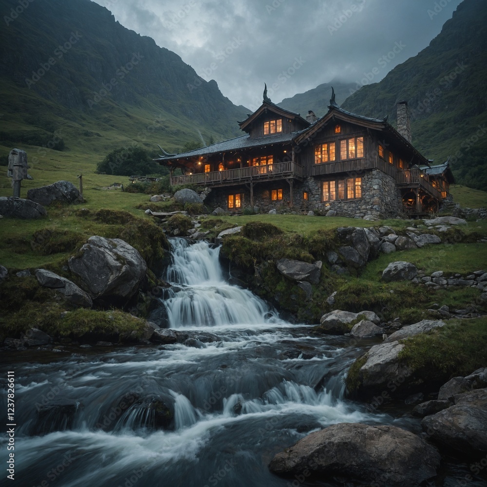 Obraz premium A mystical scene where a dragon rests near a waterfall, watching over a quaint mountain cottage.