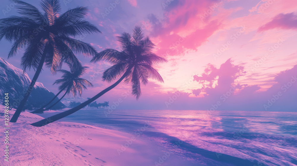 Palm trees lining the sandy beach. Pink and purple summer landscape. 3D rendering. Palm trees lining the sandy beach. Pink and purple summer landscape. 3D rendering.