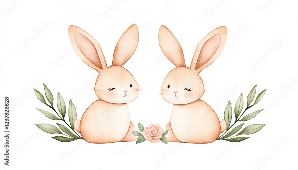 Two cute rabbits sitting together with a rose and leaves, creating a whimsical and charming scene Two cute rabbits sitting together with a rose and leaves, creating a whimsical and charming scene