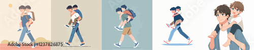 vector of a man carrying his little brother on his back
