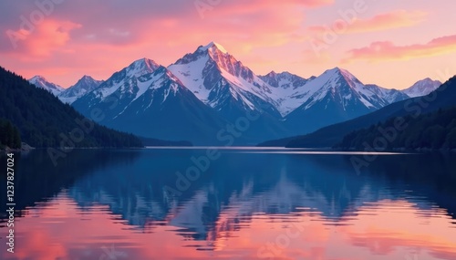 Majestic mountains rise above serene lake waters at dusk, serene, calm, evening